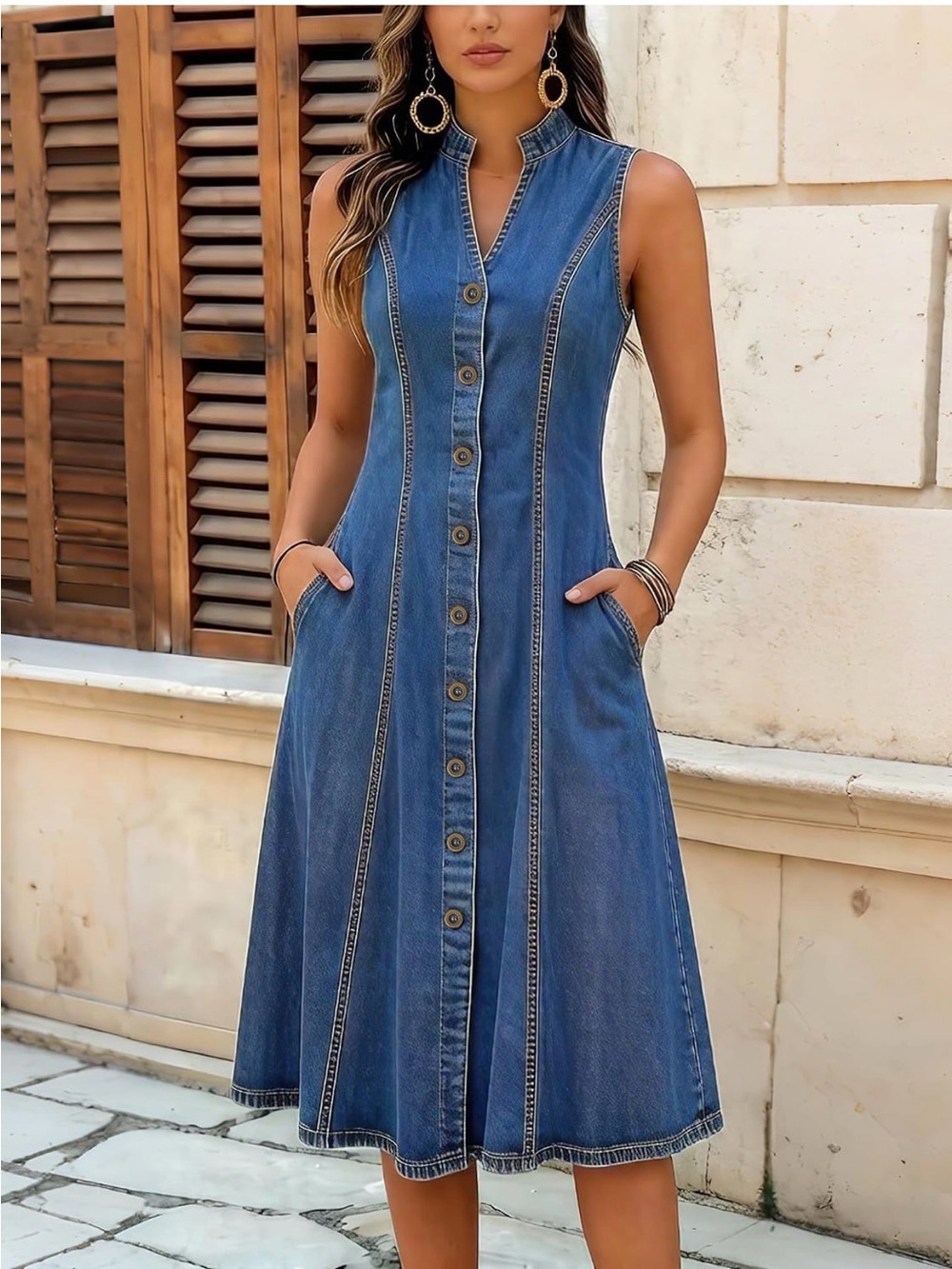 Sleeveless Button-Front Denim Midi Dress - Blue
